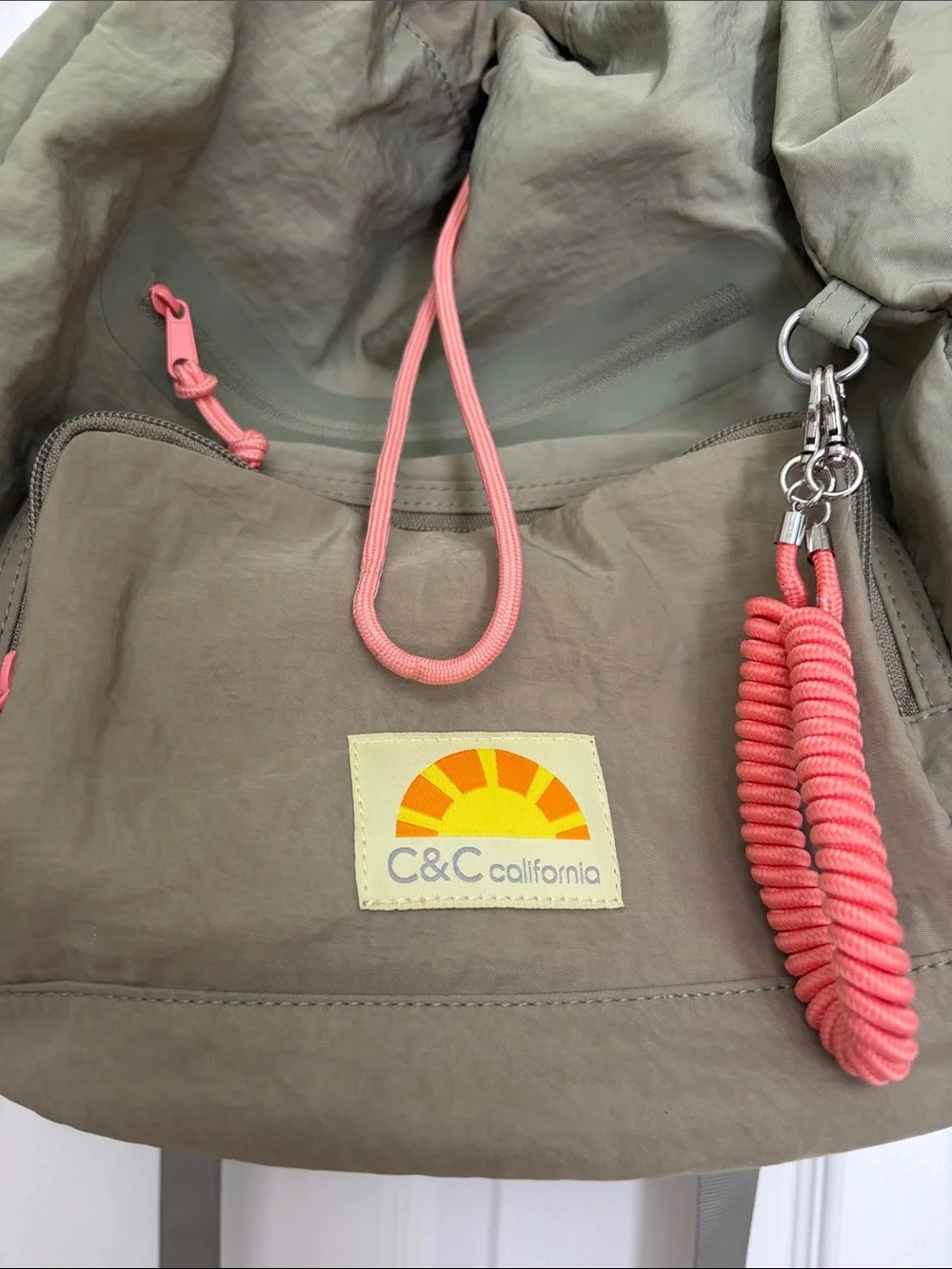 C&C California Olive Drawstring Backpack with Coral Accents